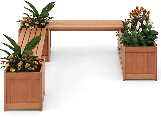 Ticify 3-In-1 Outdoor Teak Bench With Raised Bed And Planter Boxes