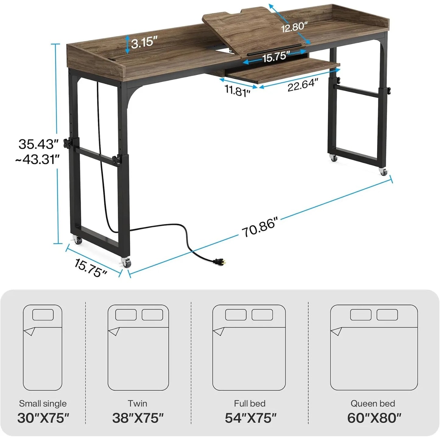 Height Adjustable Overbed Table With Wheels Queen Size Laptop Cart Desk
