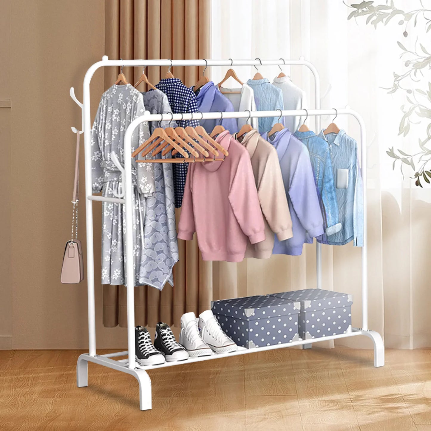 Double Rod Clothing Rack With Shelves On Wheels Metal Garment Organizer