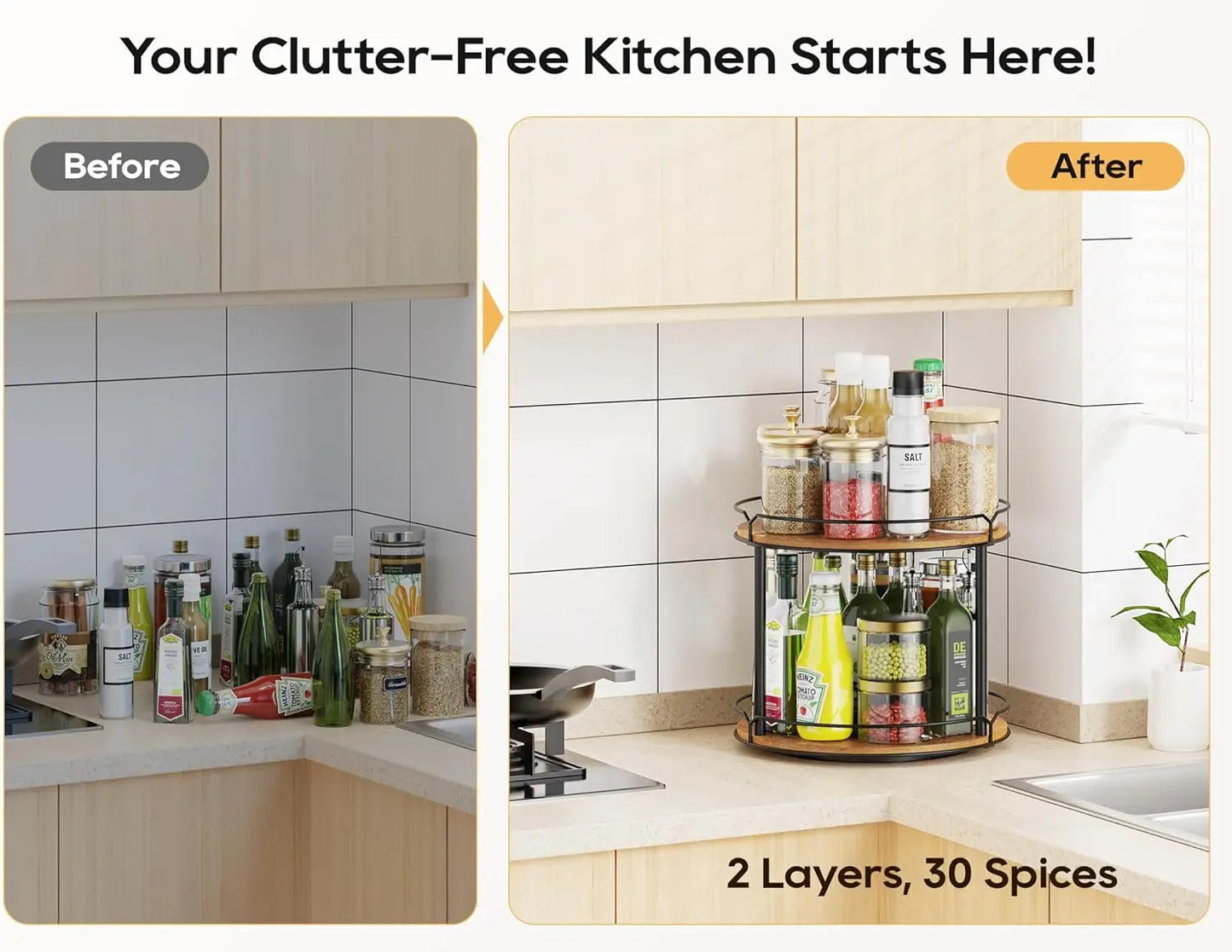 Triple Tier Wooden Rotating Spice Rack Organizer for Kitchen Pantry and Bathroom