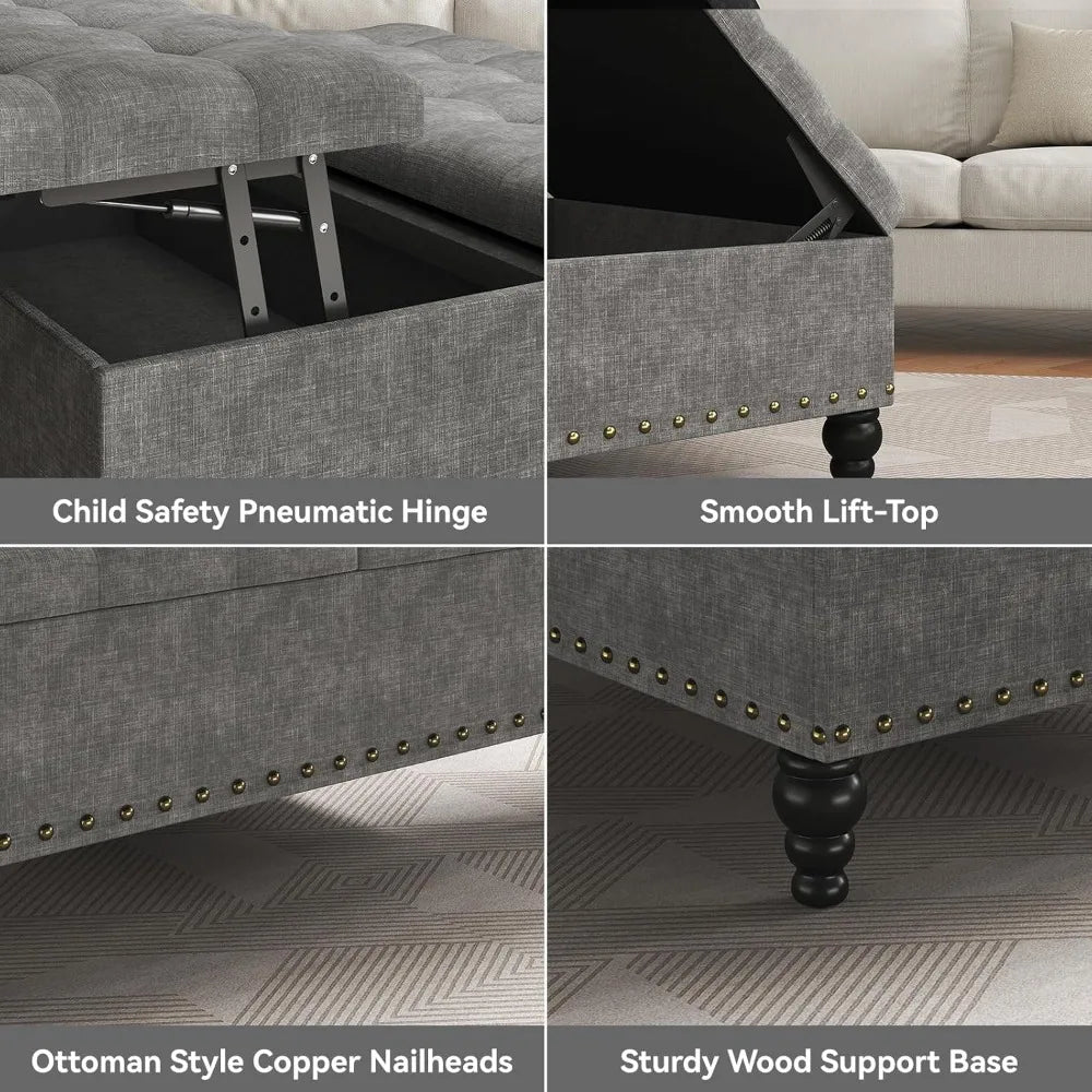 Chenille Ottoman Coffee Table With Large Storage Dark Grey Easy Assembly