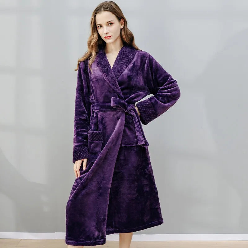 Winter Warm Thick Long Coral Velvet Bathrobe For Adults Women Men