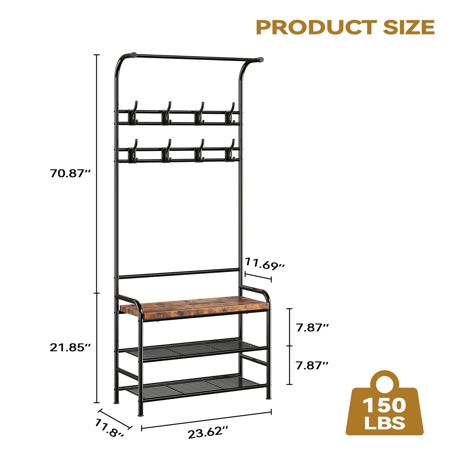 3-in-1 Hall Tree Shoe Rack for Entryway, Coat Tree with 3-Tier Storage Shelf and 8 Hooks, Multifunctional Hallway Organizer