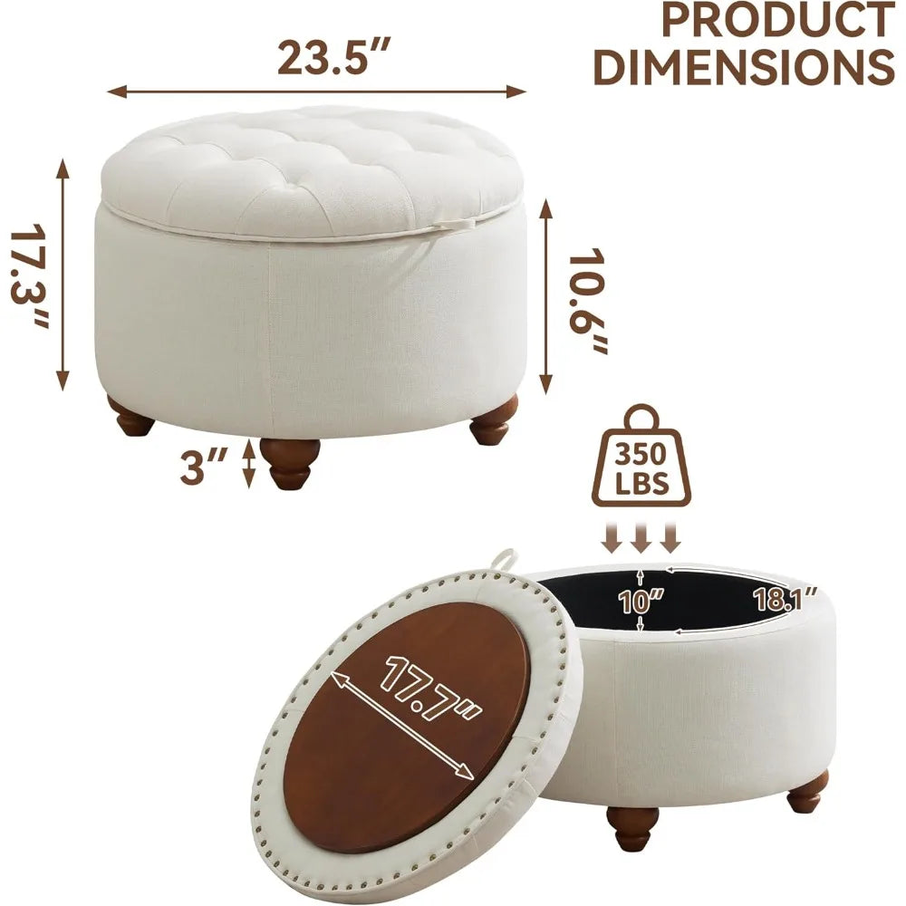 24 Inch Round Storage Ottoman With Removable Tray Tufted Fabric Coffee Table