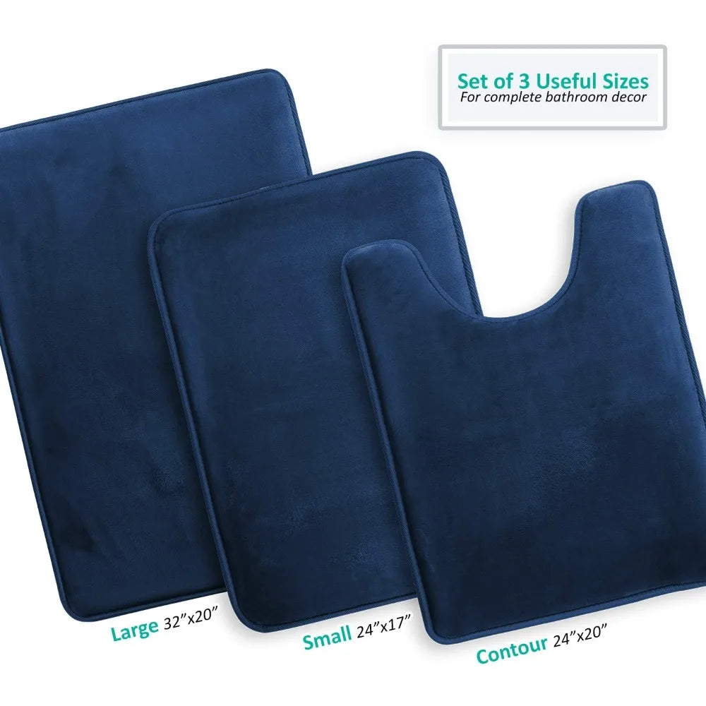 Three Piece Velvet Memory Foam Bath Mat Set Non Slip Quick Dry Washable