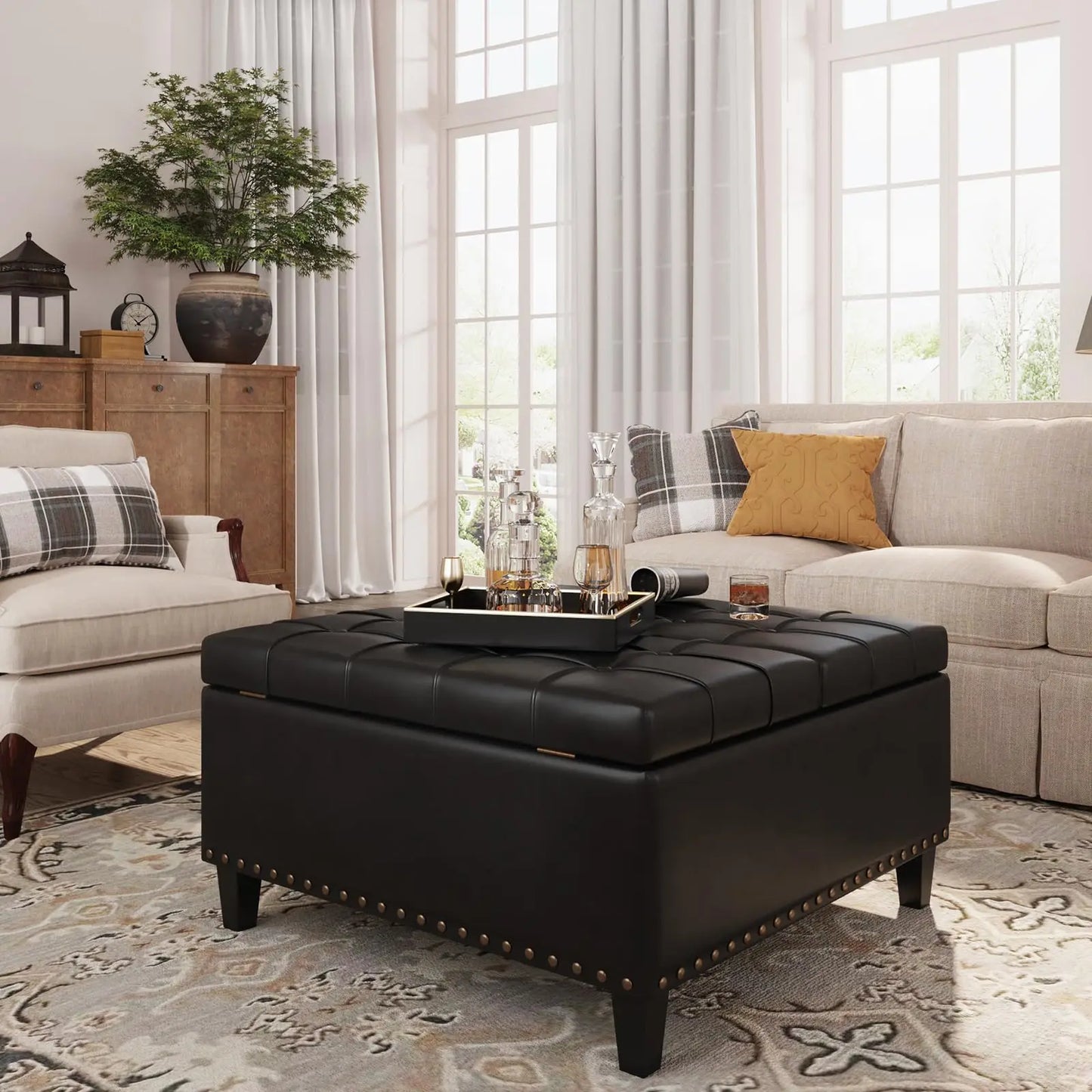 Vabches Square Ottoman Storage Bench Lift Top Faux Leather Footrest