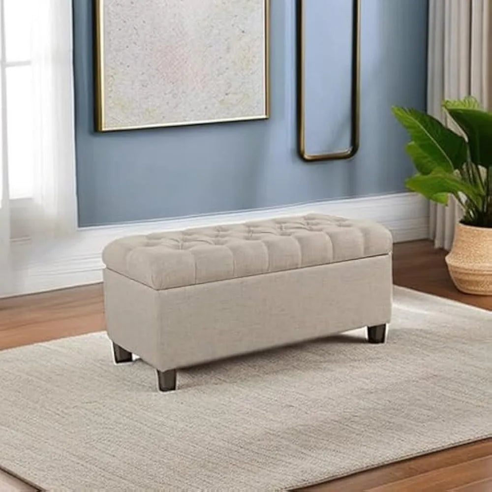 Tan Tufted Ainsley Button Storage Ottoman Bench With Hinged Lid