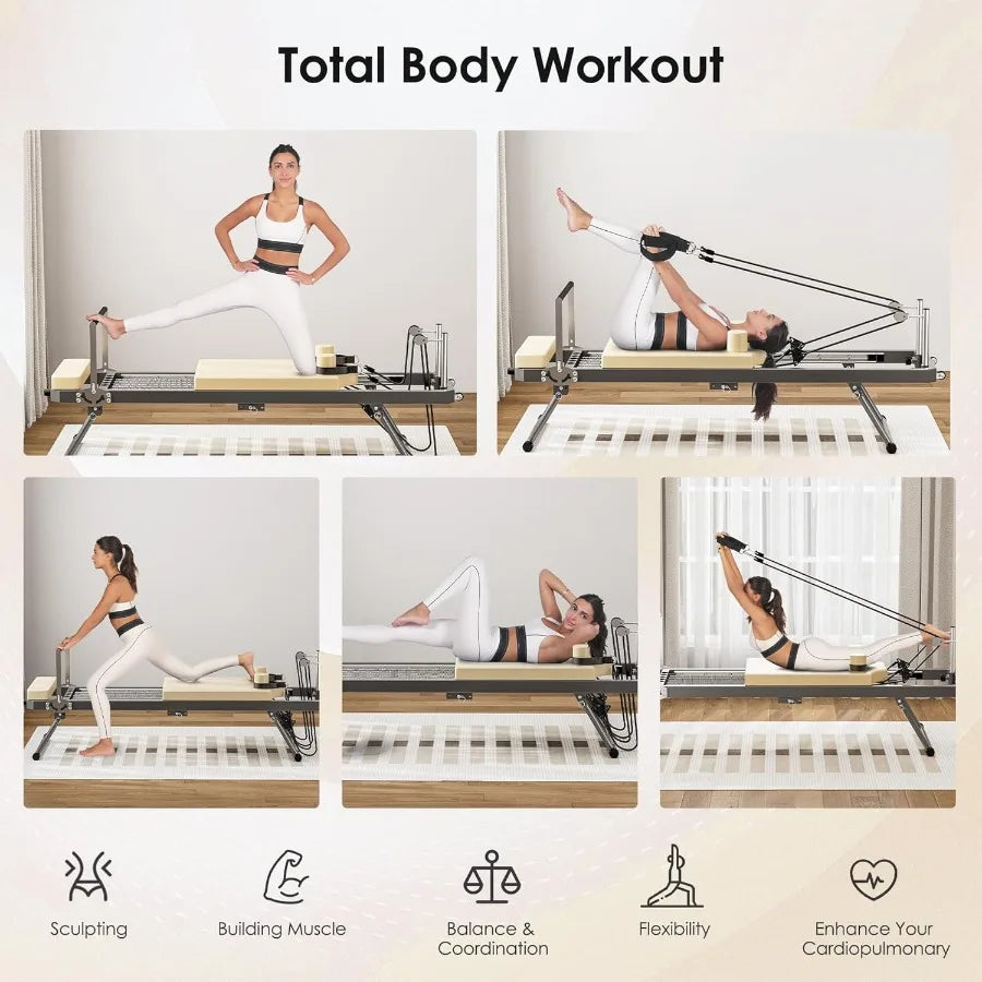 Foldable Pilates Reformer Machine with Springs Resistance for FullBody Home Workout Adjustable Fitness Equipment Suitable for A