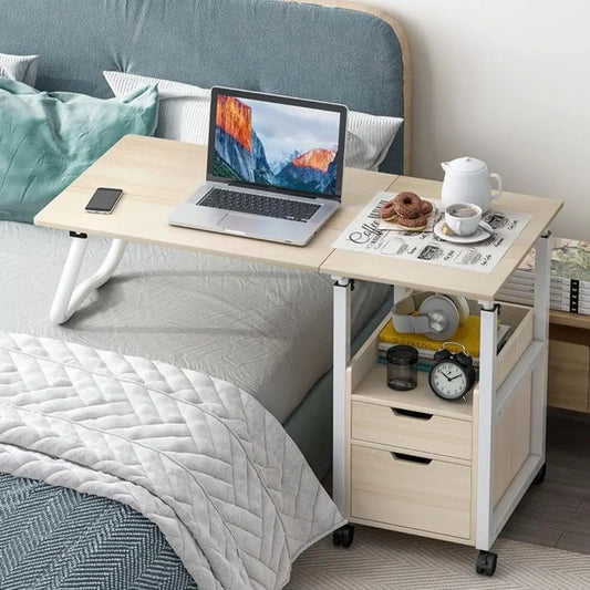 Overbed Table With Drawers Foldable Bed Desk Adjustable Height With Wheels
