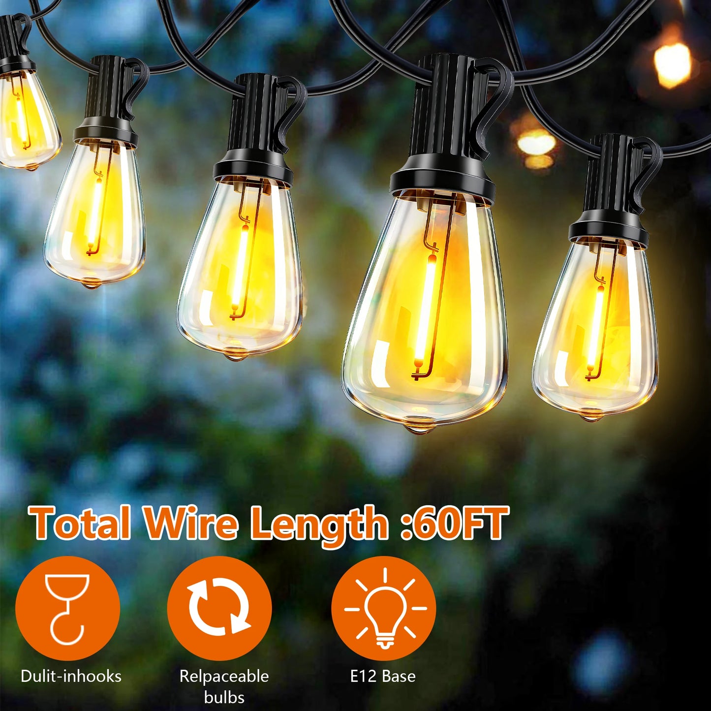 100Ft Solar Outdoor String Lights IP65 Waterproof With Replaceable Bulbs