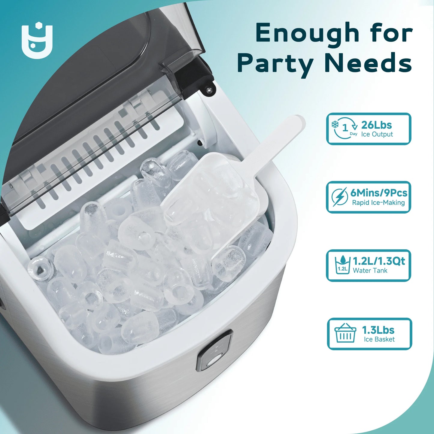 Countertop Ice Maker 26 lbs/Day Portable Self-Cleaning, 9 Bullet Ice in 6 Min, Silver, Auto-Cleaning, with Basket and Scoop