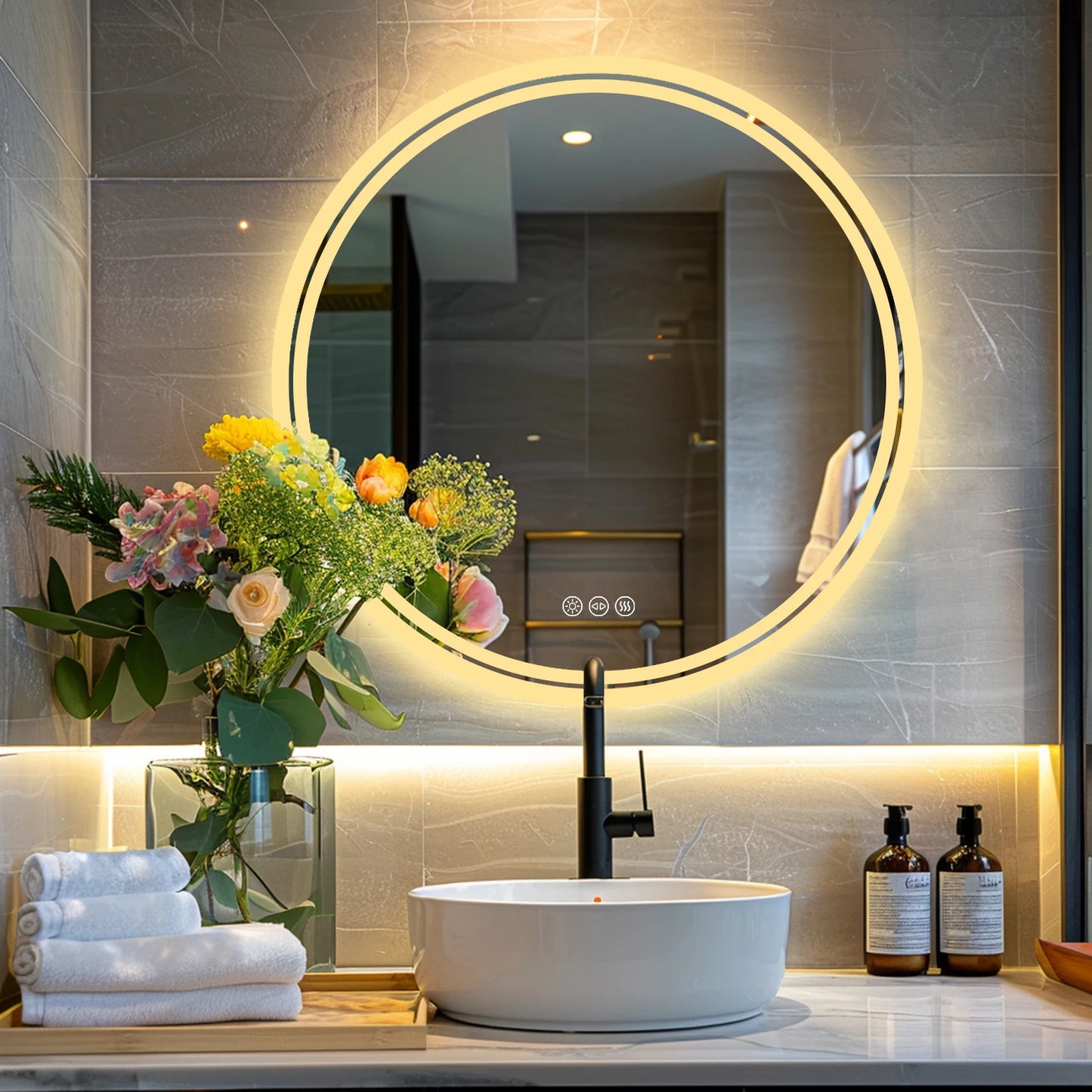 Round LED Bathroom Mirror With Backlit Anti Fog Dimmable 3 Color Temp IP65