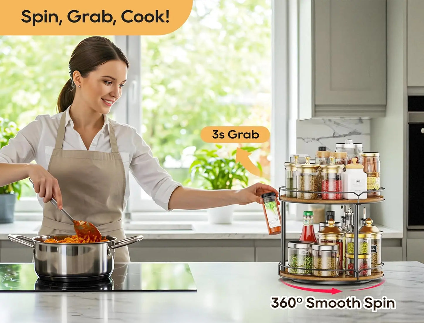 Triple Tier Wooden Rotating Spice Rack Organizer for Kitchen Pantry and Bathroom