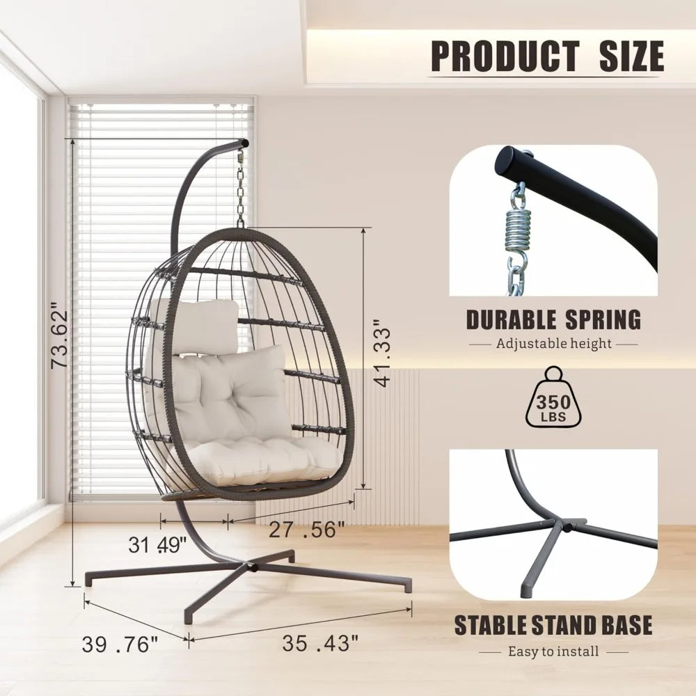 Hanging Egg Chair With Stand Beige Patio Wicker Hammock With Cushion Outdoor