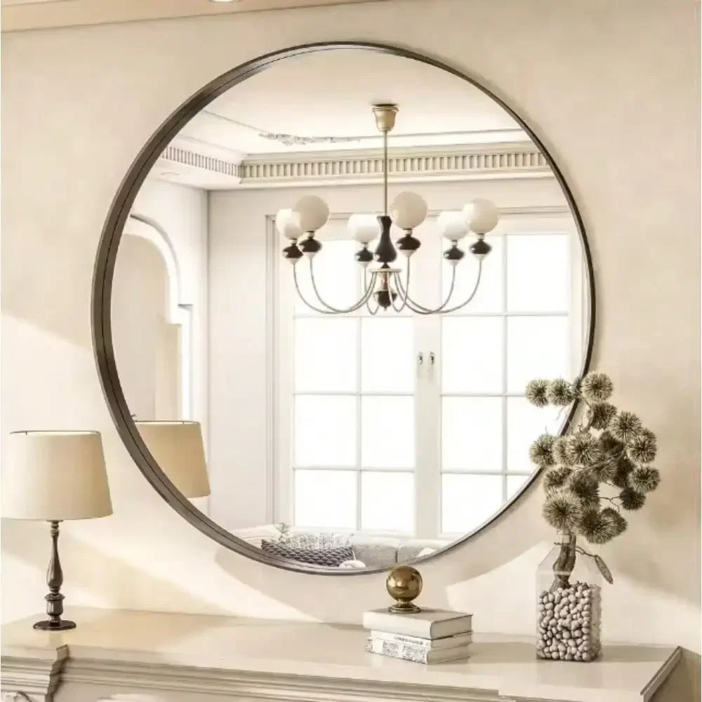 Round Aluminum Alloy Deep Framed Wall Mirror with Simple Metal Frame, Entryway, Bedroom Vanity, Living Room, Hallway Decor