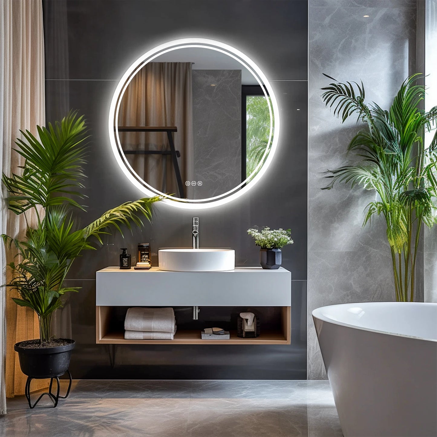 Round LED Bathroom Mirror With Backlit Anti Fog Dimmable 3 Color Temp IP65