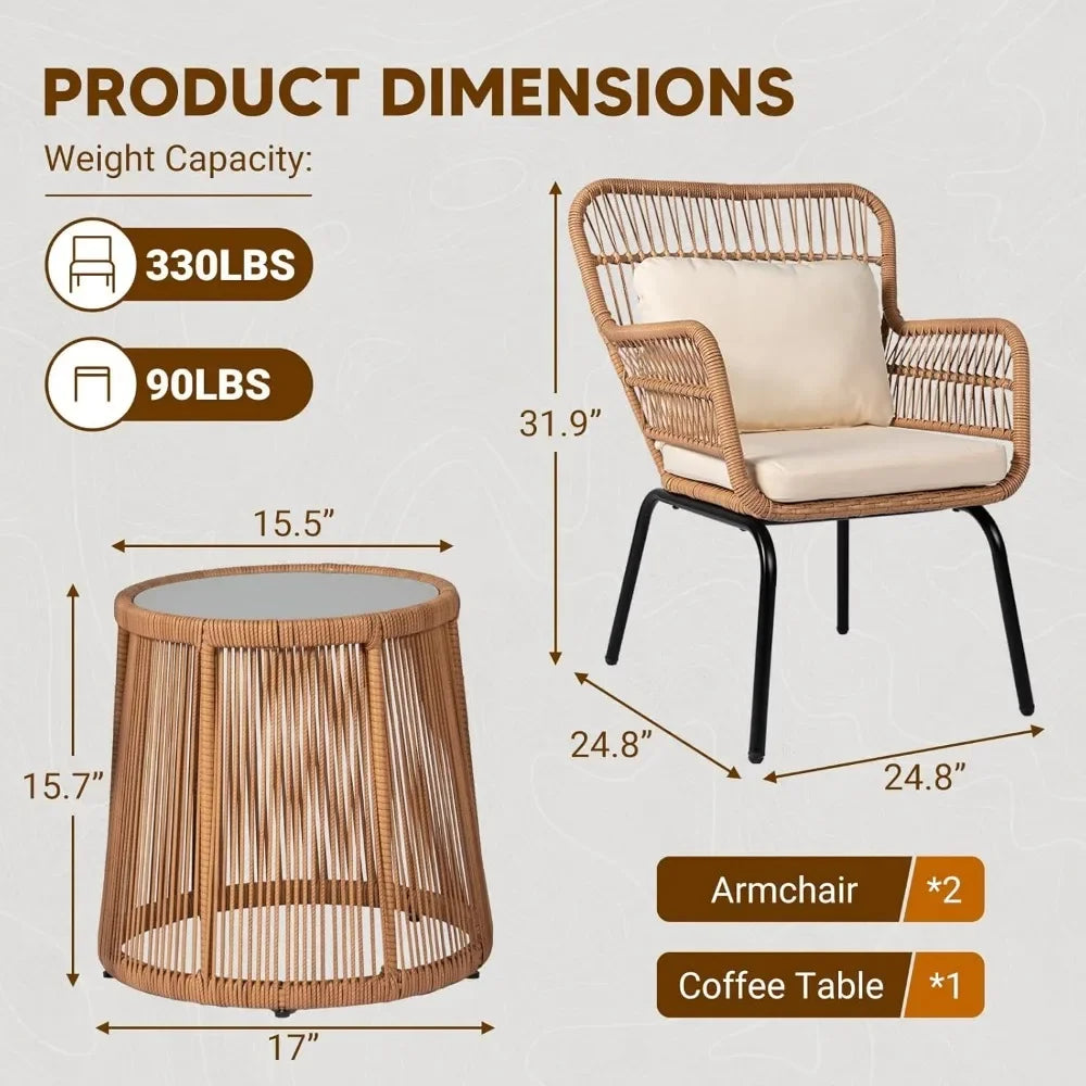 3 Piece Patio Wicker Bistro Set With 2 Large Chairs And Tempered Glass Table