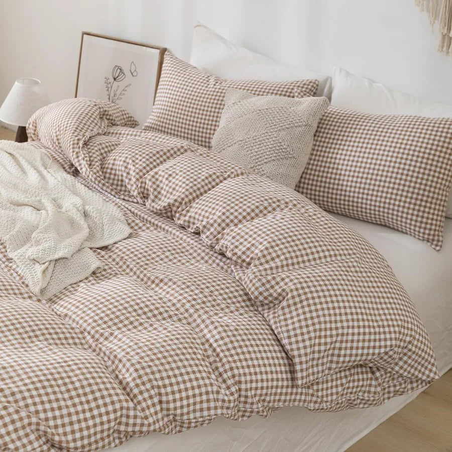 Tan Gingham Duvet Cover Bedding Set 3 Piece Extra Soft Breathable Brown Plaid