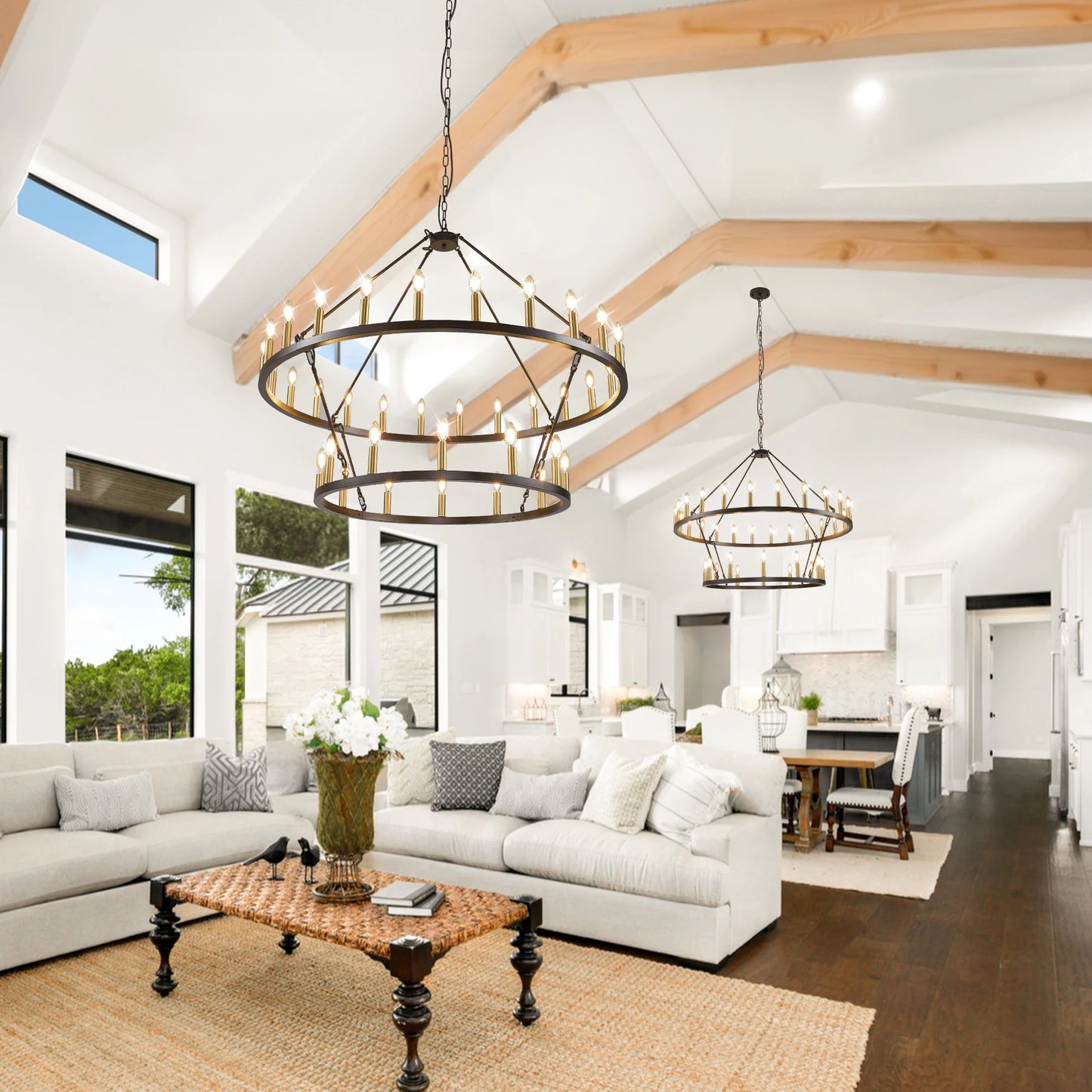 47 Inch Wagon Wheel Chandelier 2 Tier 36 Lights Farmhouse Pendant Dimmable