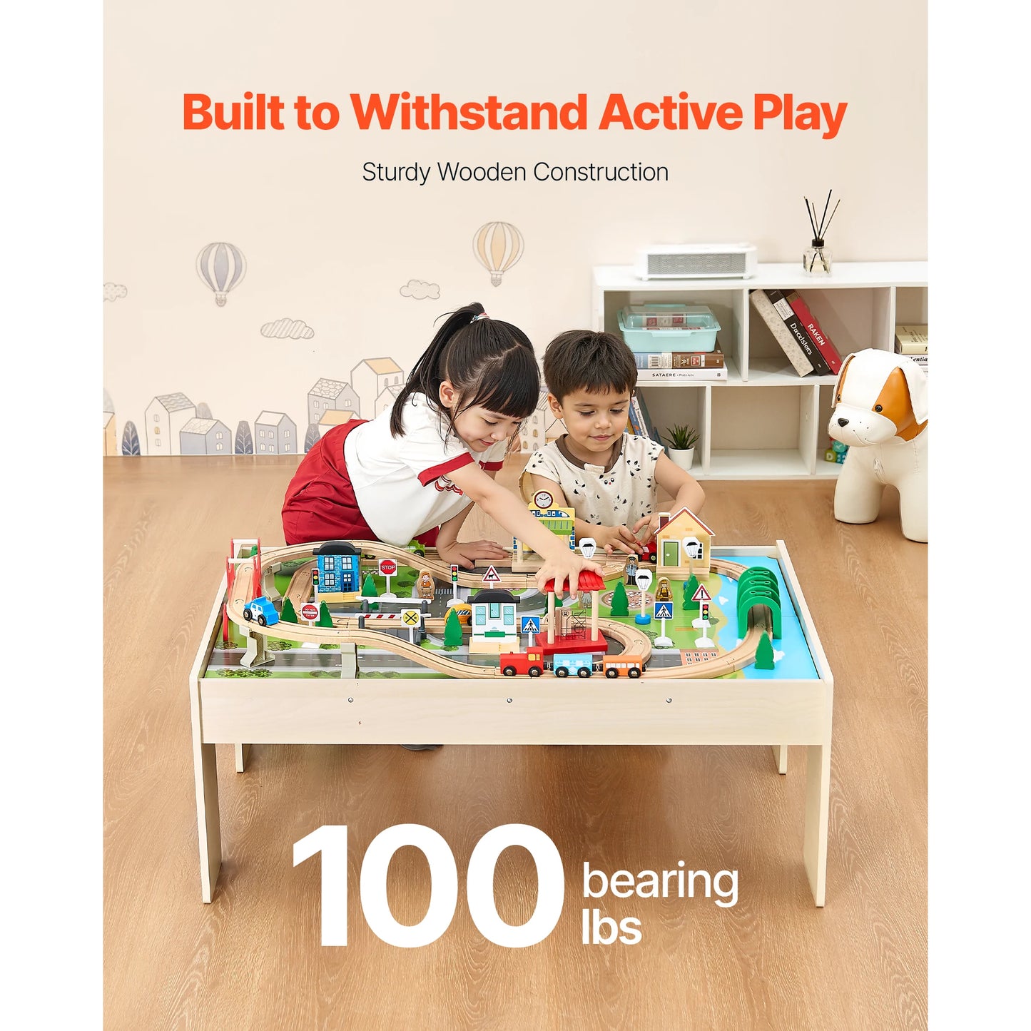 SucceBuy Kids Wooden Train Table Set 84 Piece Colorful Activity Storage Bin