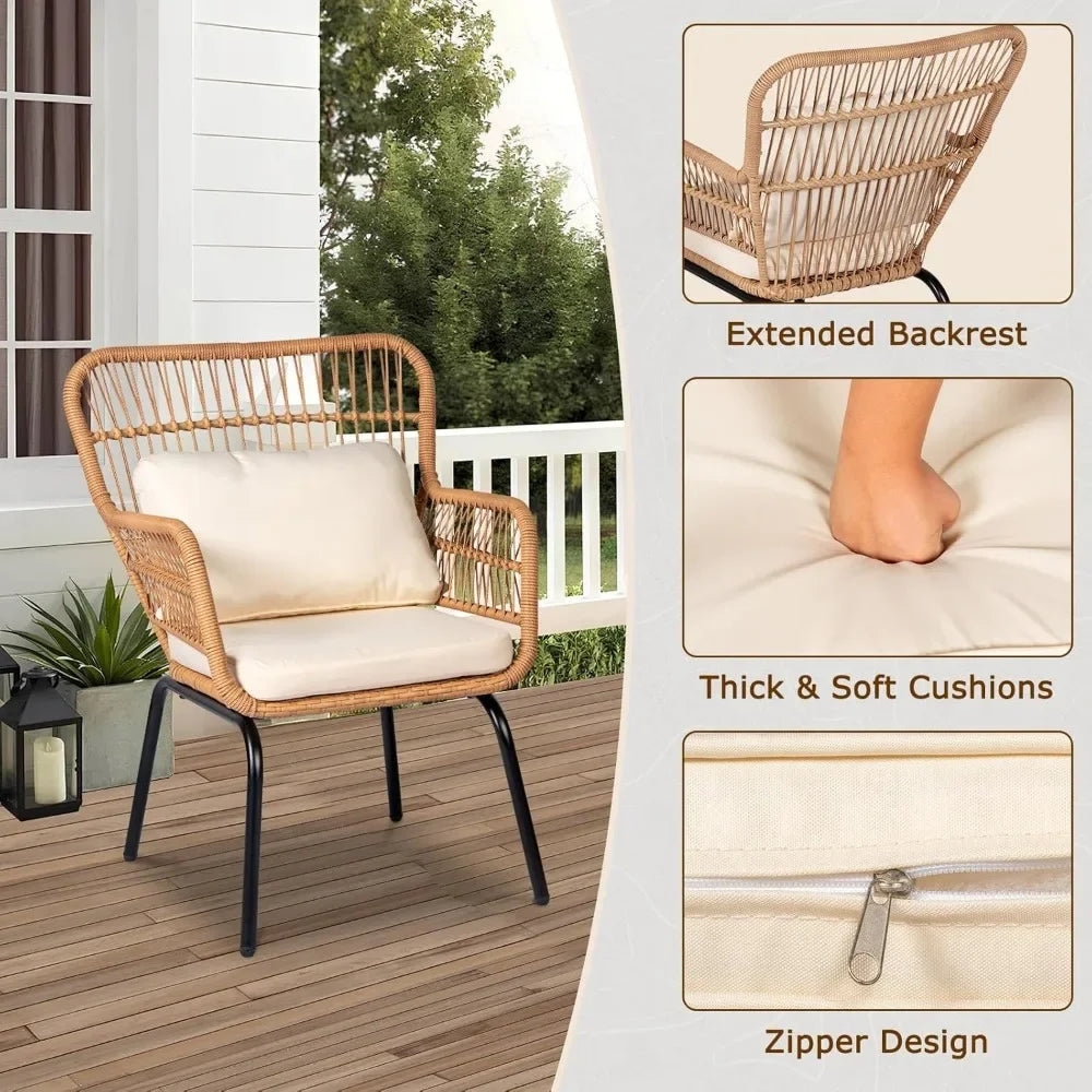 3 Piece Patio Wicker Bistro Set With 2 Large Chairs And Tempered Glass Table