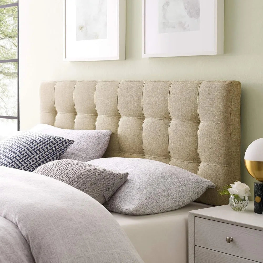 Lily Tufted Linen Fabric Upholstered King Headboard Beige Adjustable Height