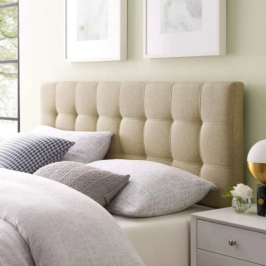 Lily Tufted Linen Fabric Upholstered King Headboard Beige Adjustable Height