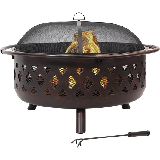 Sunnydaze Crossweave Fire Pit Wood Burning With Spark Screen And Round Cover