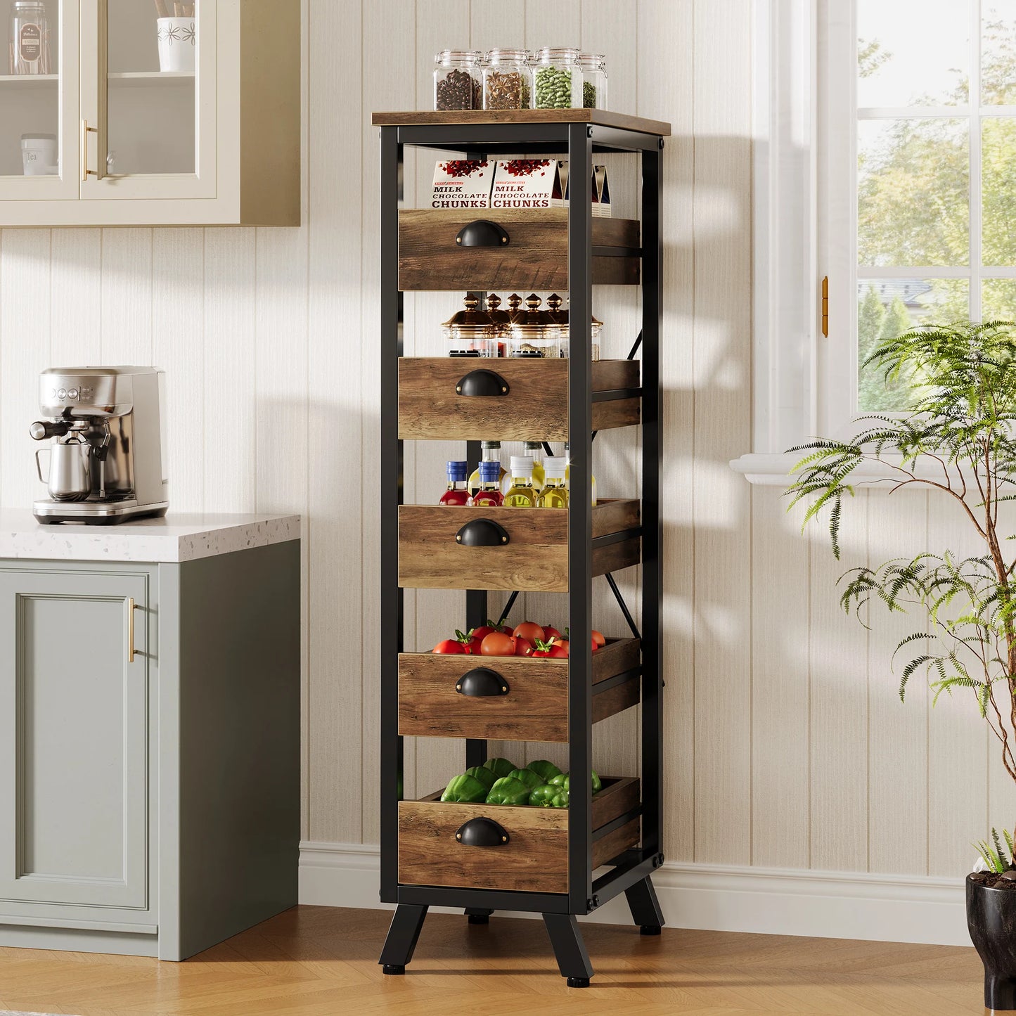 Tribesigns 5-Tier Wood Fruit and Vegetable Storage Rack Narrow Kitchen Stand