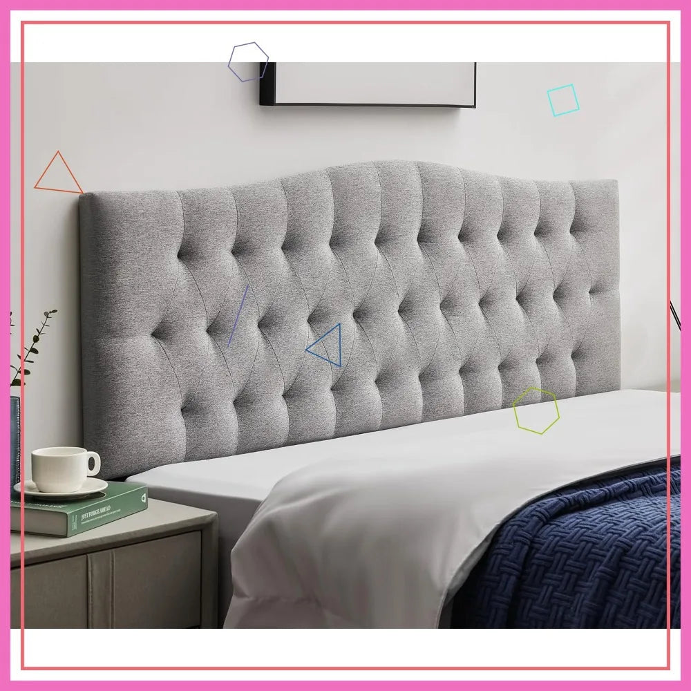 Adjustable Height King Headboard Diamond Tufted Linen Upholstered Light Gray
