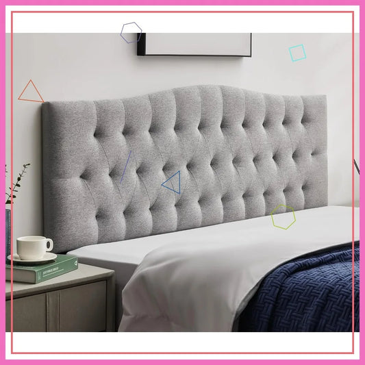 Adjustable Height King Headboard Diamond Tufted Linen Upholstered Light Gray