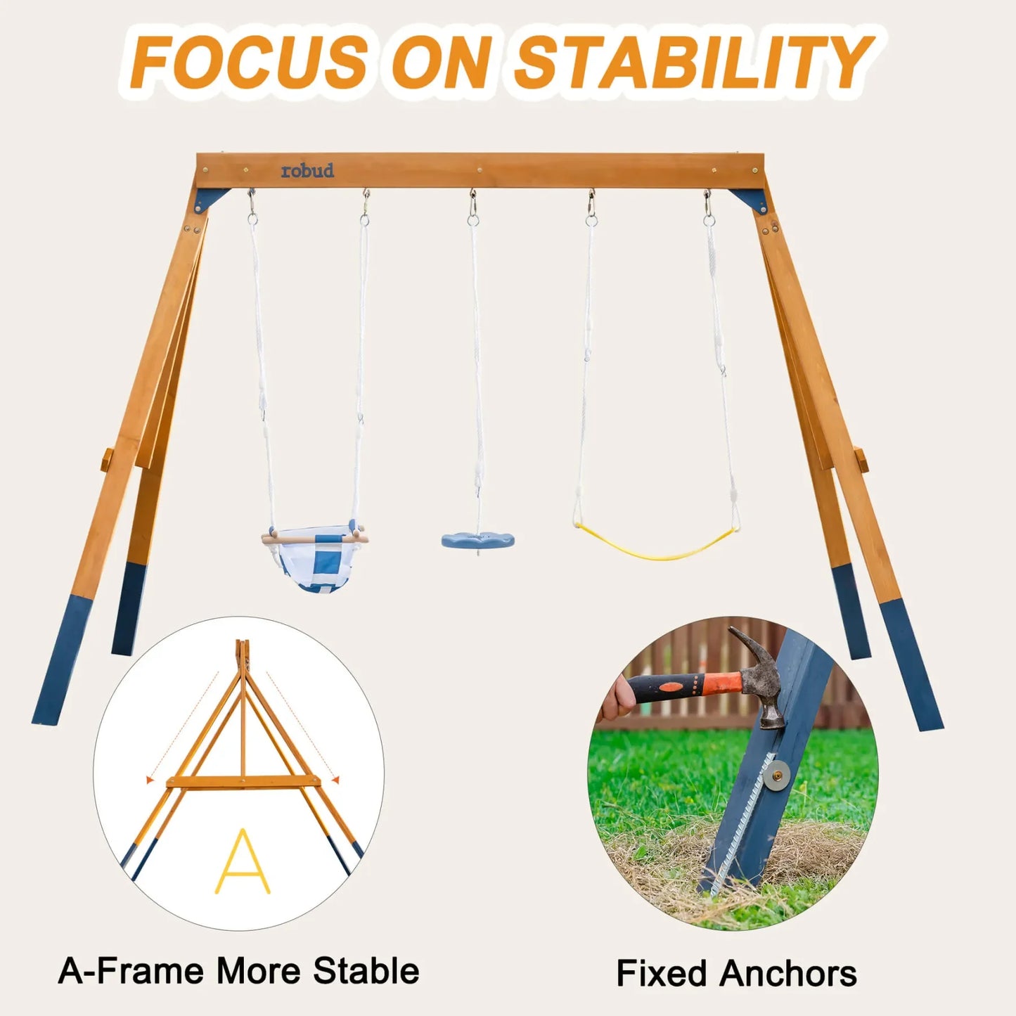 Robotime Robud 3 In 1 Wooden Playground Swing Set For Backyard With Tree Swing