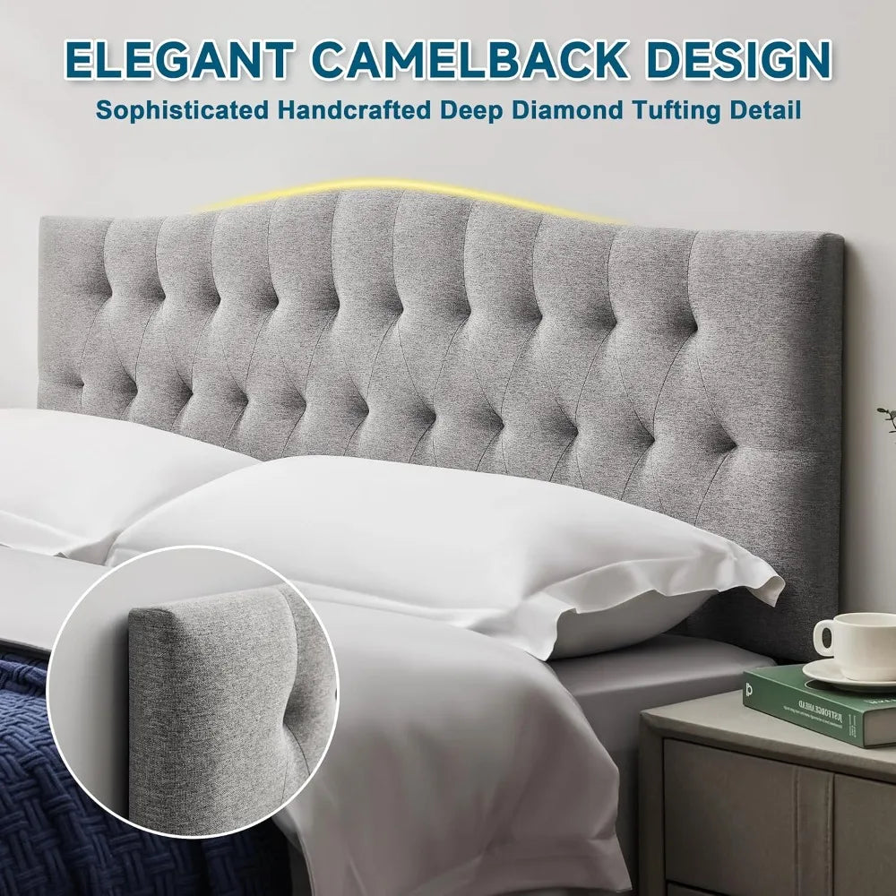Adjustable Height King Headboard Diamond Tufted Linen Upholstered Light Gray