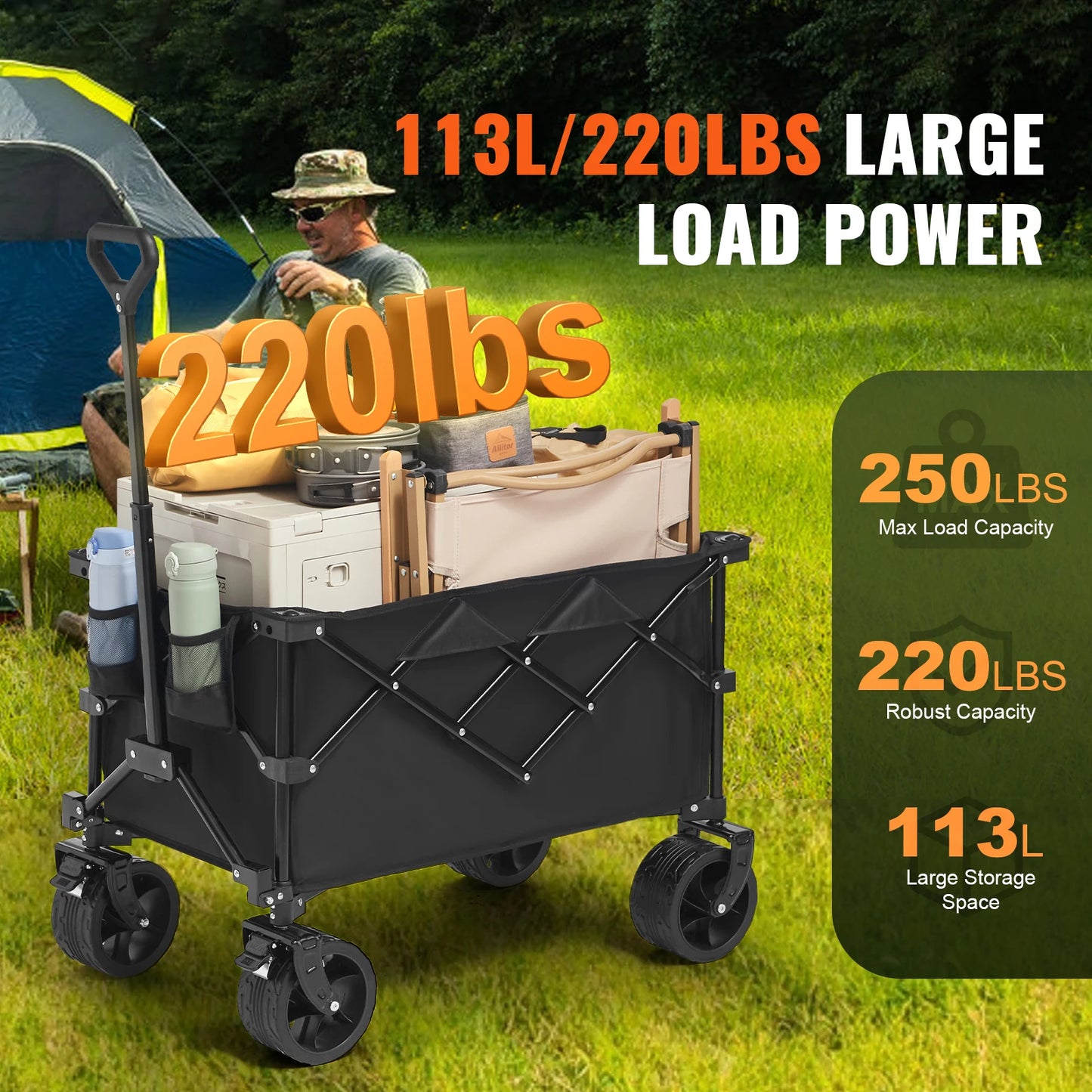 SucceBuy Collapsible Folding Wagon With All Terrain Wheels Drink Holder Camping