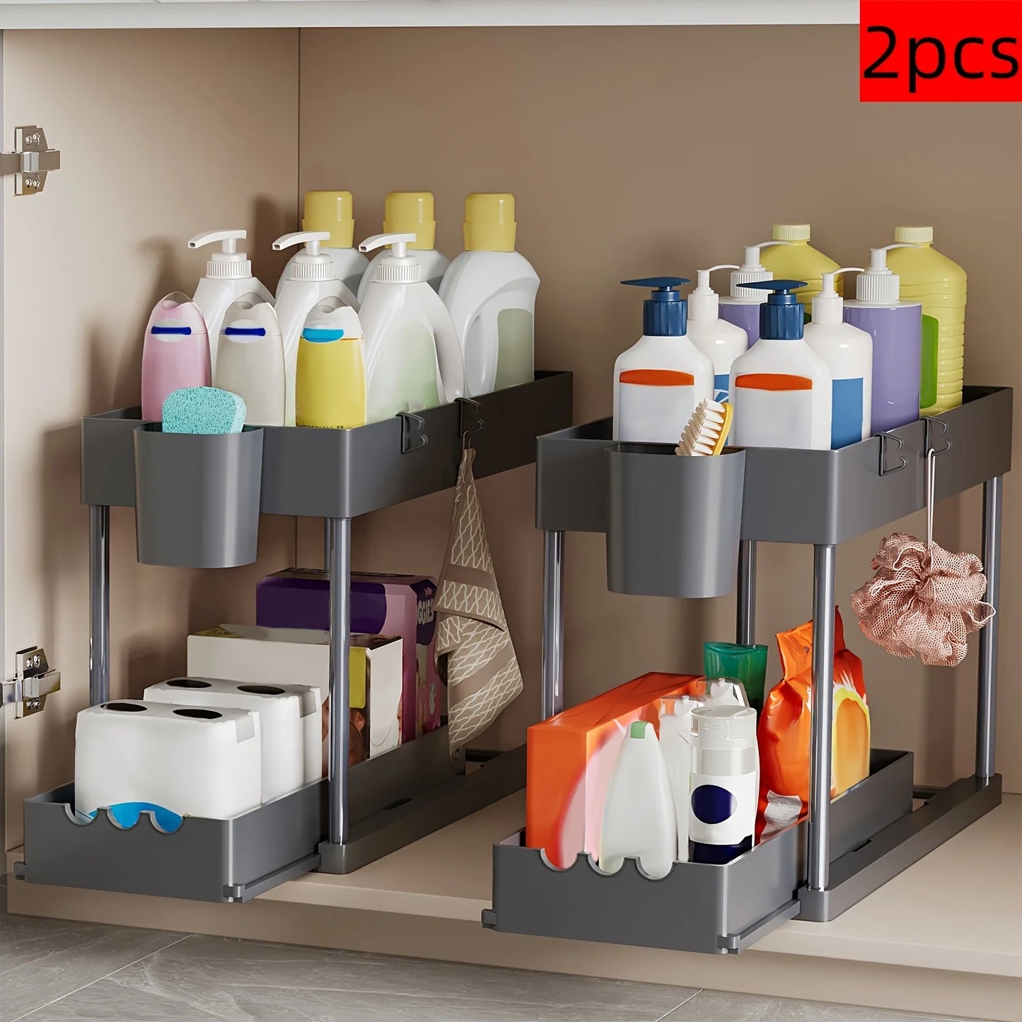 Two Pieces Two Tier Sliding Cabinet Organizer Pull Out Under Sink Rack Storage
