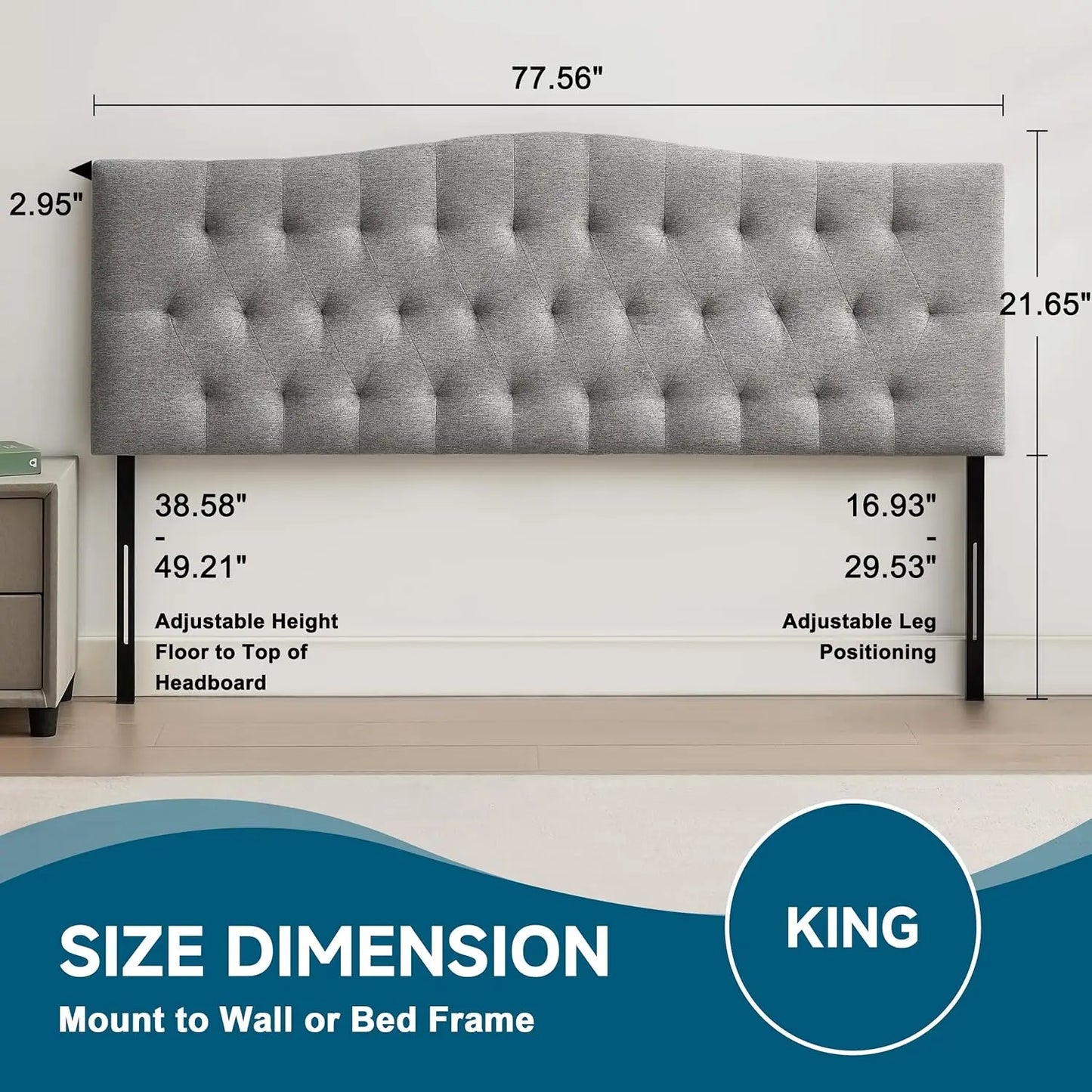 Adjustable Height King Headboard Diamond Tufted Linen Upholstered Light Gray