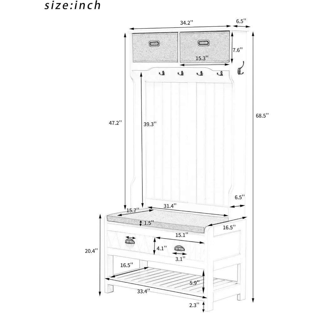 3 In 1 Hall Tree With 6 Hooks Hinged Lid Entryway Bench Storage Drawers