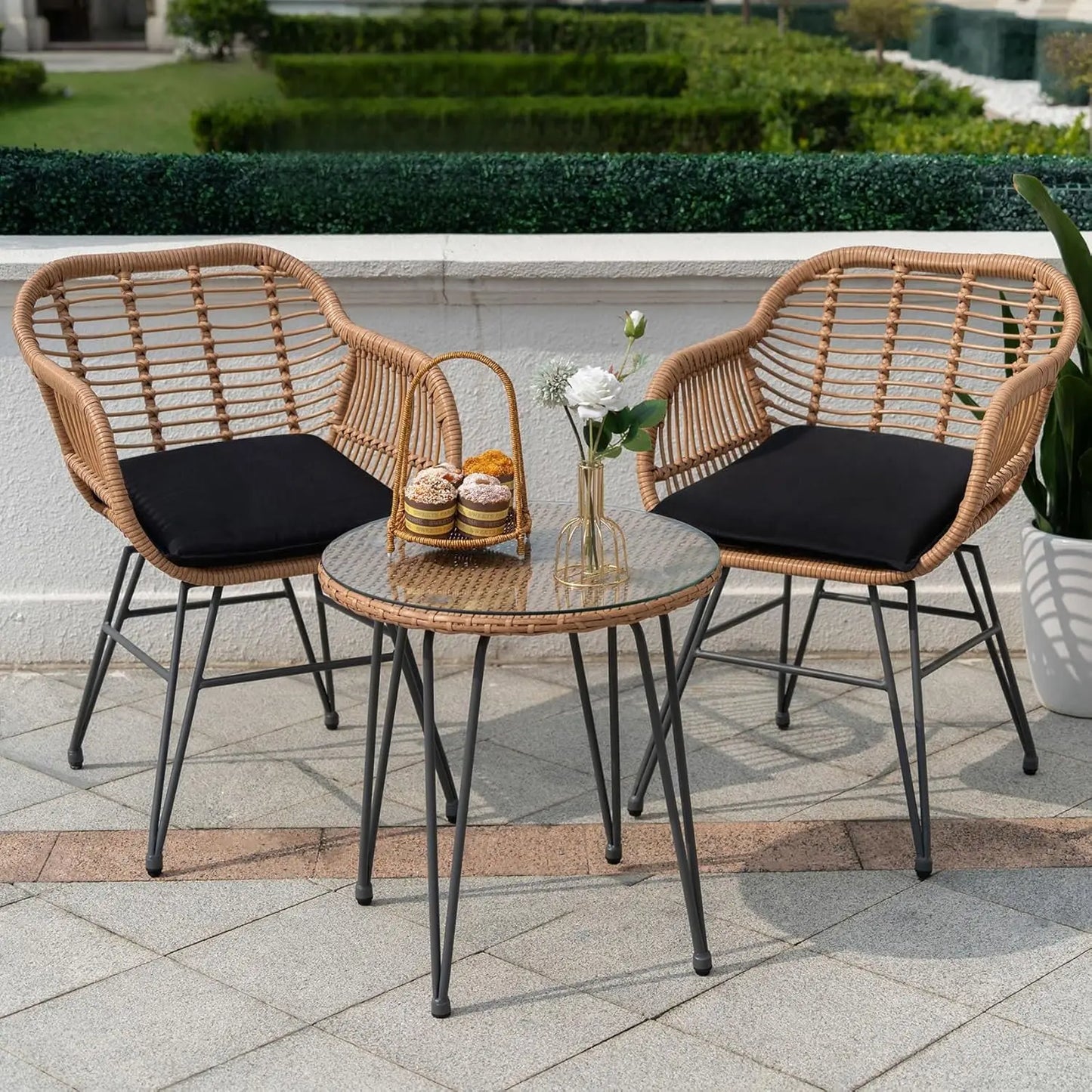 3 Piece Patio Wicker Bistro Set With 2 Large Chairs And Tempered Glass Table
