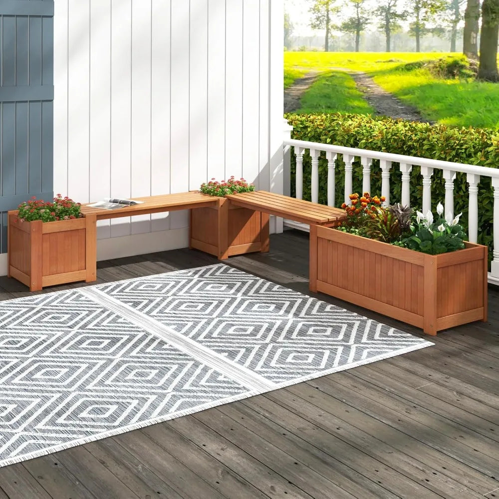 Ticify 3-In-1 Outdoor Teak Bench With Raised Bed And Planter Boxes