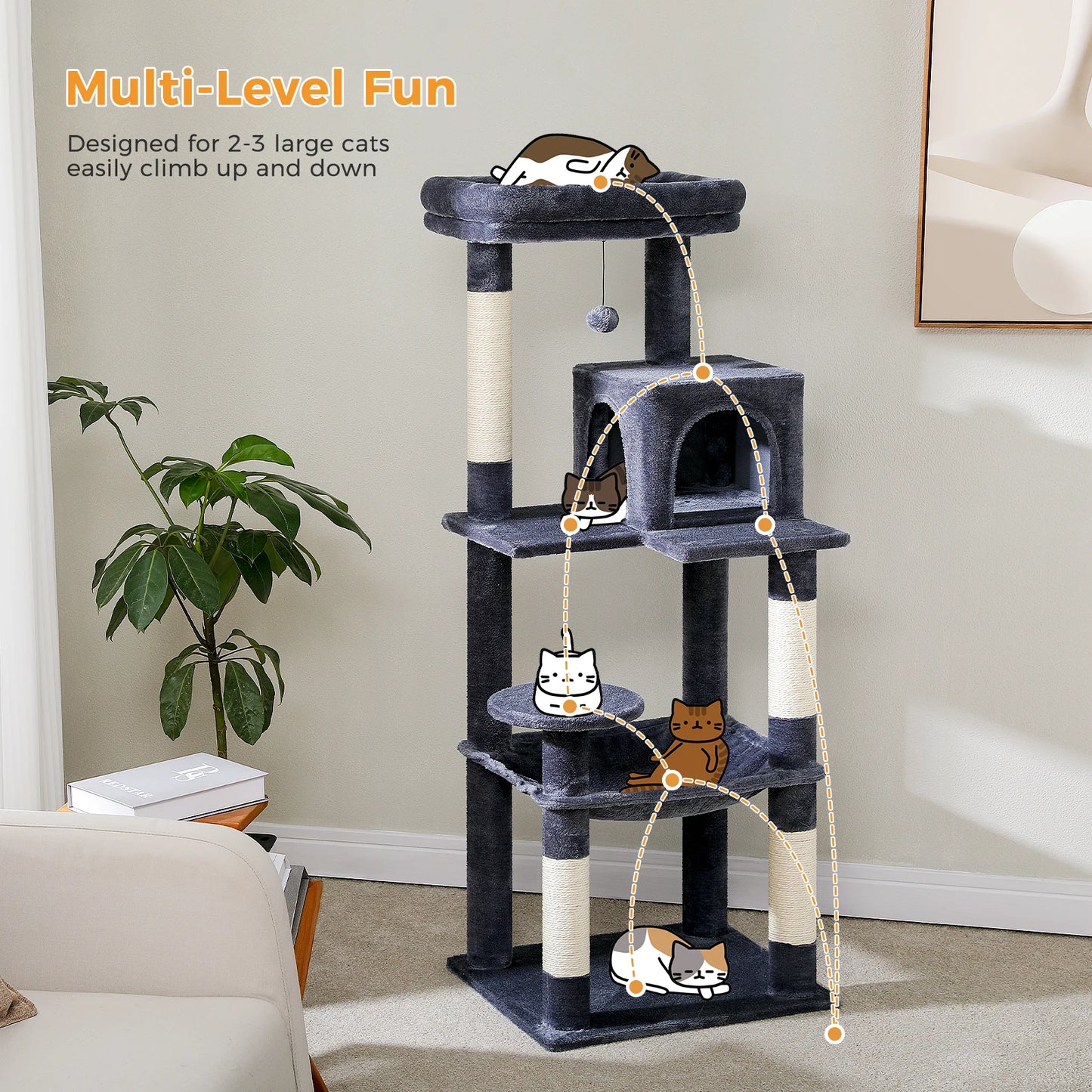 PAWZ Road 5 Level Cat Tree for Indoor Large Cats With Hammock and Sisal Posts