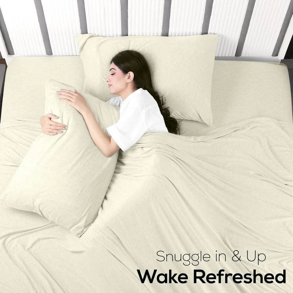 King Jersey Knit Sheet Set 4-Piece - Soft Stretchy Cotton Blend Bedding in Heather Oatmeal