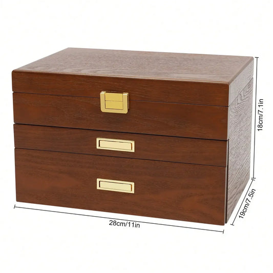 Wood Jewelry Box With 3 Layer Organizer For Watch Necklace Rings Earrings Brown
