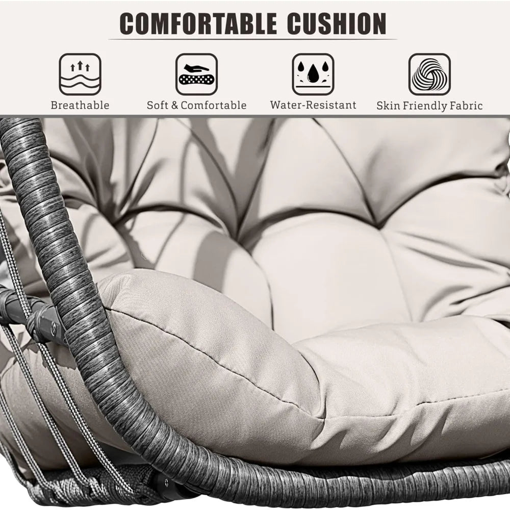 Hanging Egg Chair With Stand Beige Patio Wicker Hammock With Cushion Outdoor