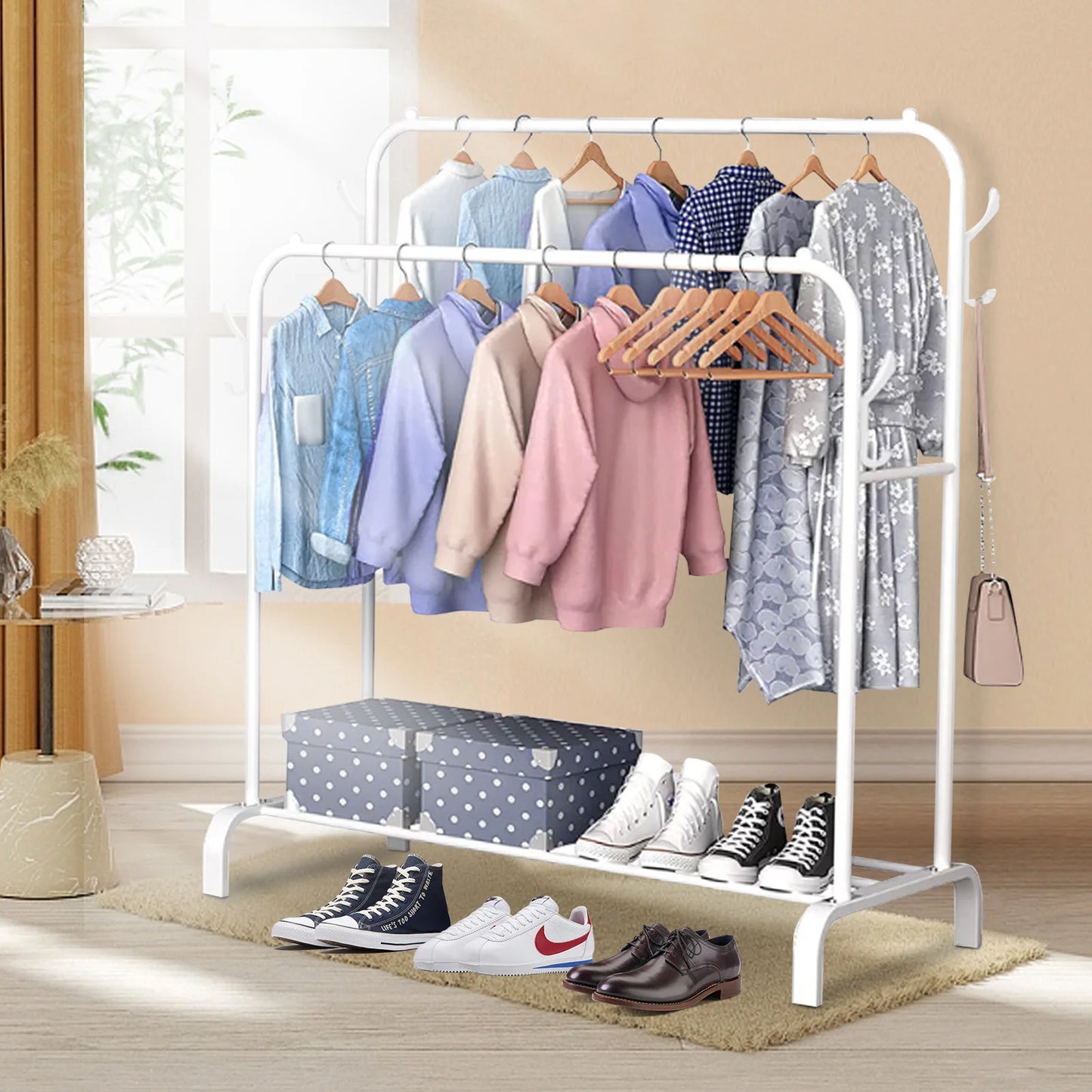 Double Rod Clothing Rack With Shelves On Wheels Metal Garment Organizer
