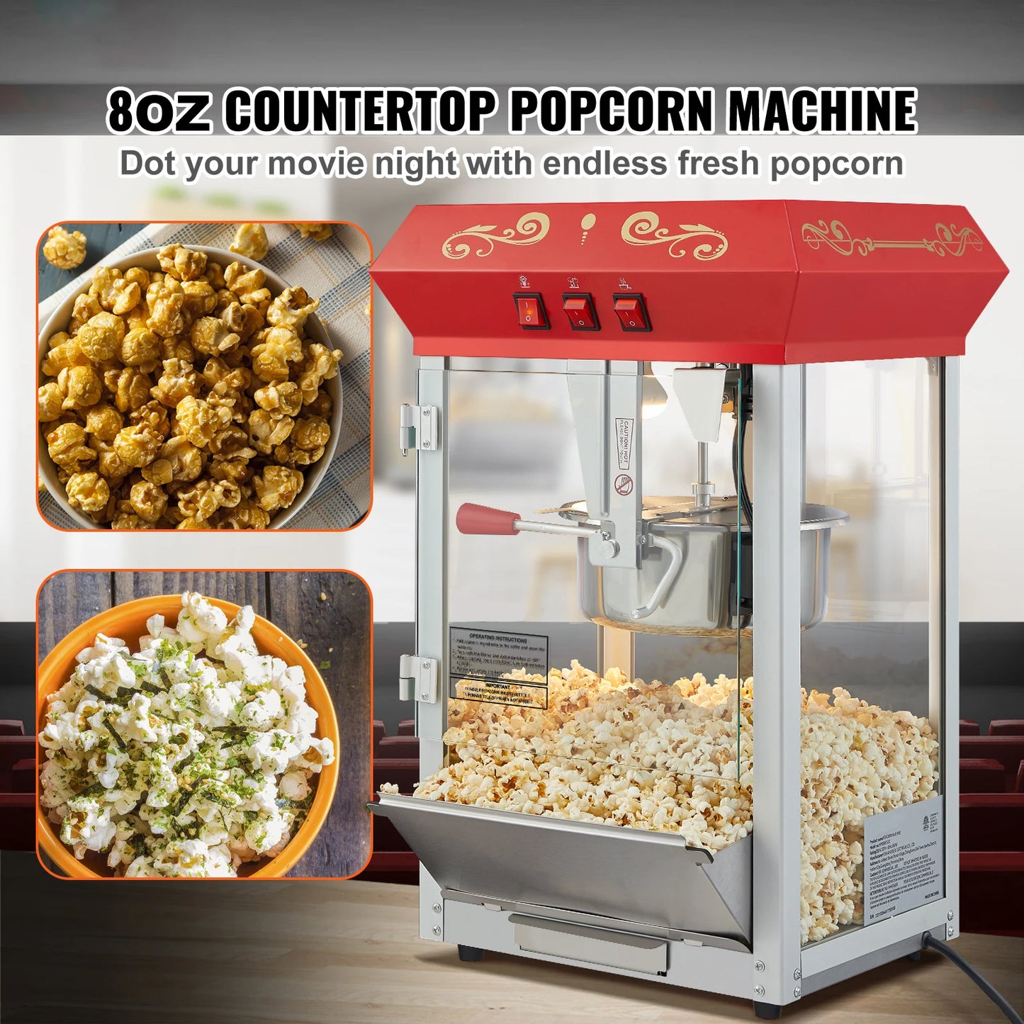 SucceBuy 8/12Oz Electric Popcorn Maker Commercial Popper Machine  Automatic Corn Cookware with Scoop Spoon 304 Heating Tube