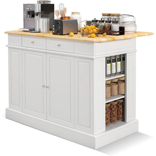 Kitchen Island With Drop Leaf Rubber Wood Top Storage Cabinet With 2 Drawers