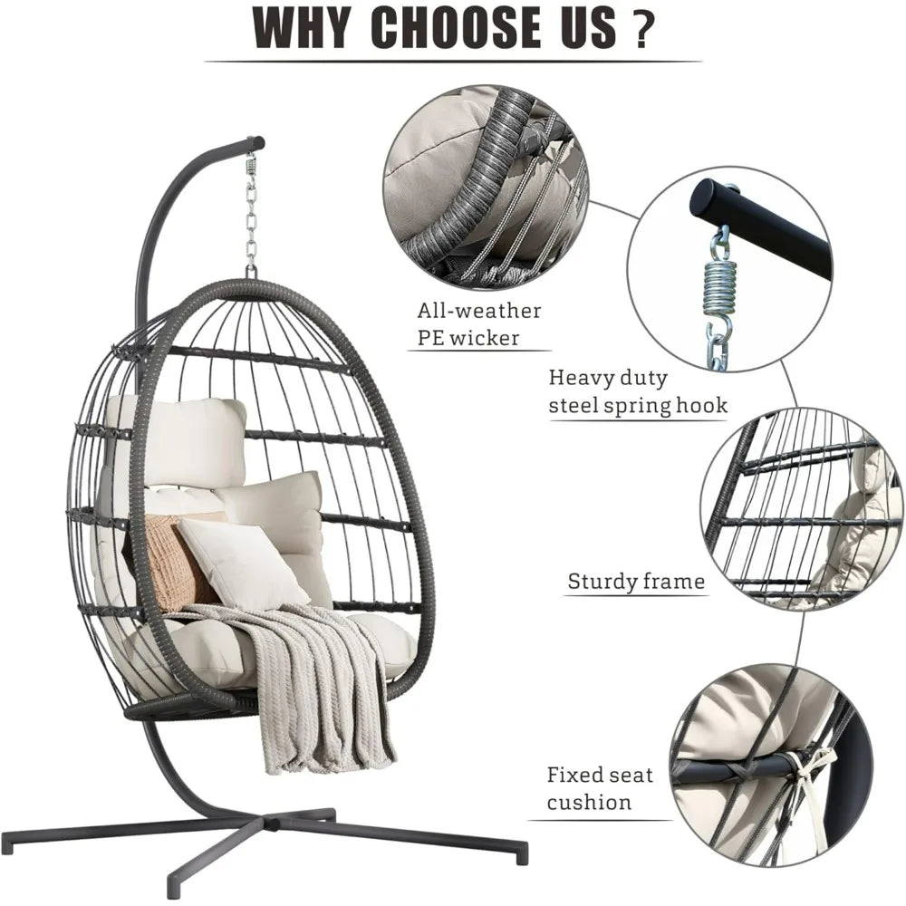 Hanging Egg Chair With Stand Beige Patio Wicker Hammock With Cushion Outdoor