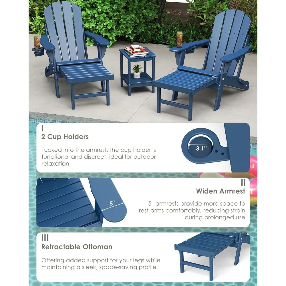 Set of 2 Adjustable Adirondack Chairs with Ottomans HDPE Plastic Folding