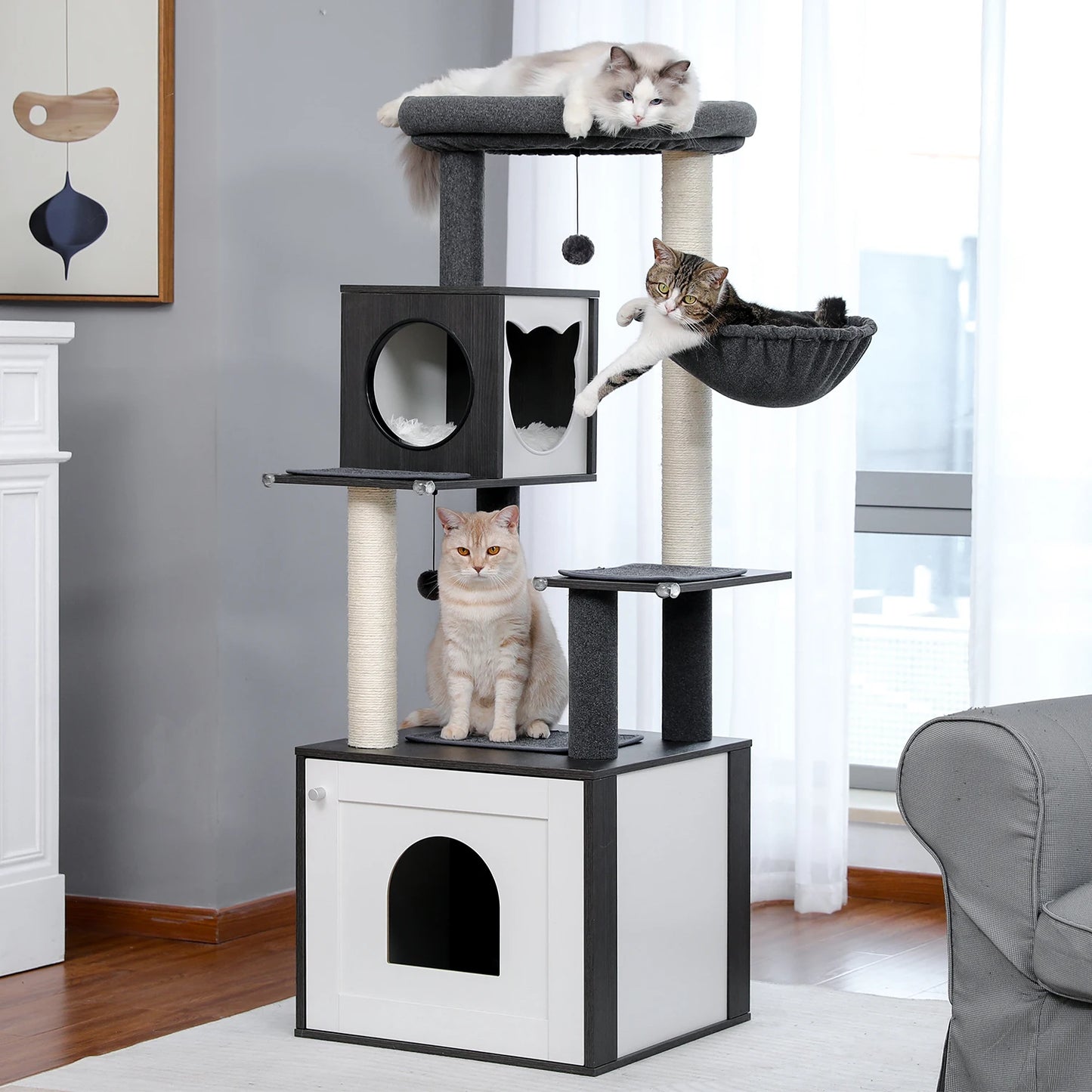 Multi Level Cat Tree Indoor Wood Cat Tower With Scratching Posts And Hammock