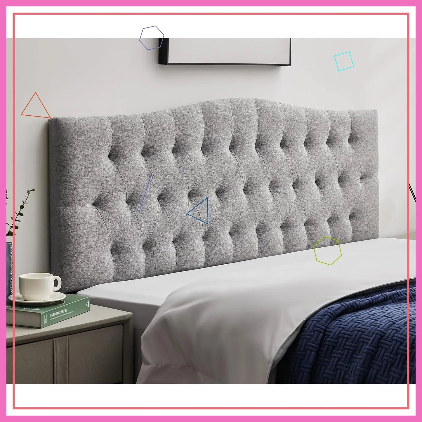 Adjustable Height King Headboard Diamond Tufted Linen Upholstered Light Gray